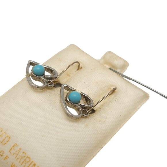 Faux Blue Turquoise Heart Dangle Drop Earrings Silver Tone Vintage - Picture 3 of 4